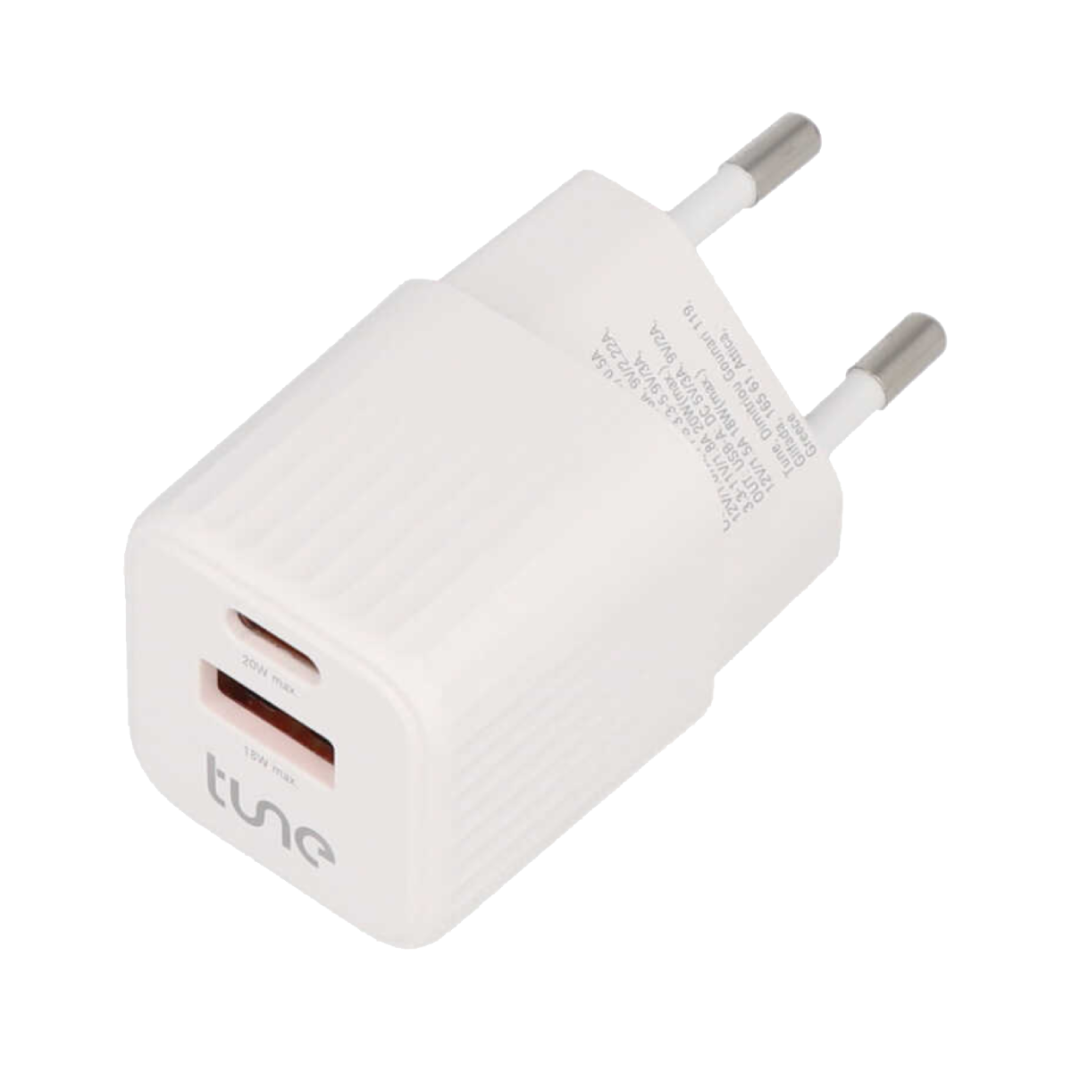 Tune Turbo Power Delivery Quick Φορτιστής 2 Θύρες (USB-C + USB-A) 20W Λεύκος